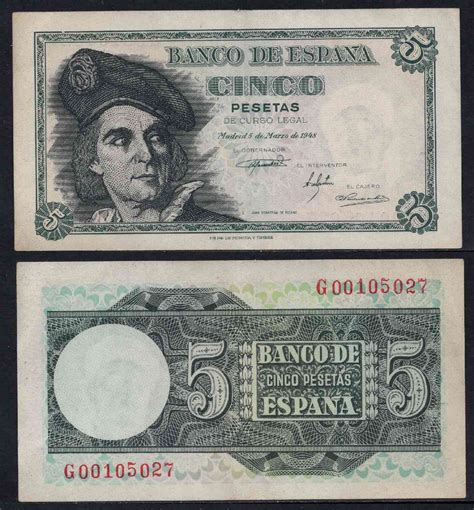 España 1948 Billetes Estado Español Nº 00465 SC UNC 5 pesetas