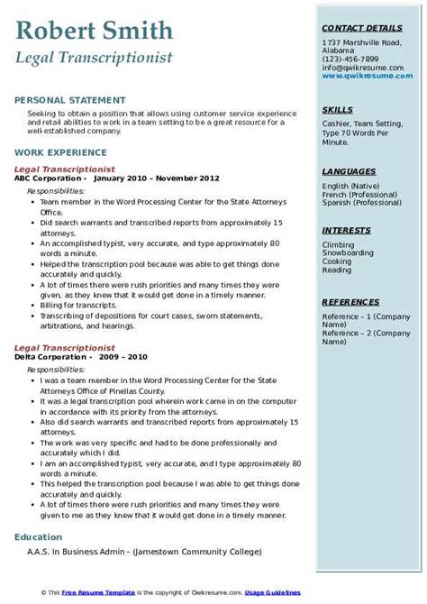 Transcriptionist Resume Sample