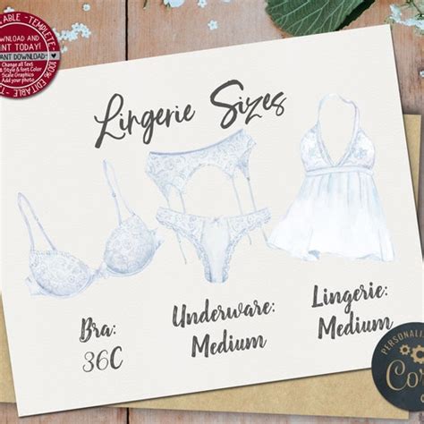 White Lingerie Size Card Lingerie Size Insert Brides Etsy