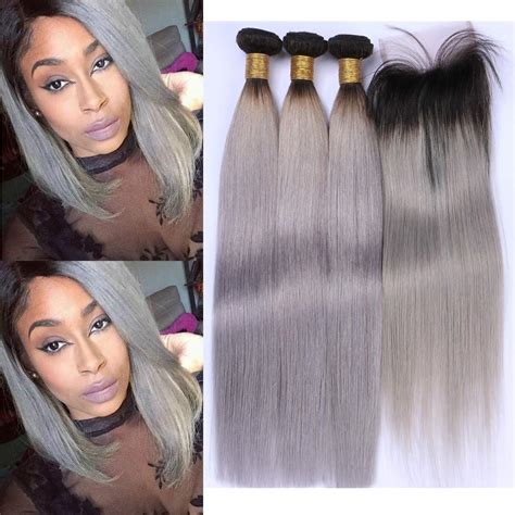 Amazon Ombre Silver Grey Straight Hair Bundles With Closure