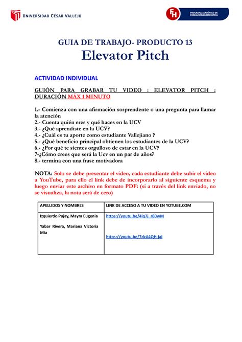 Producto Elevator Pitch Guia De Trabajo Producto Elevator