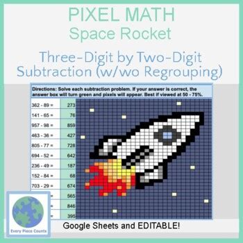 Pixel Art Math Space Rocket Three Digit By Two Digit Subtraction