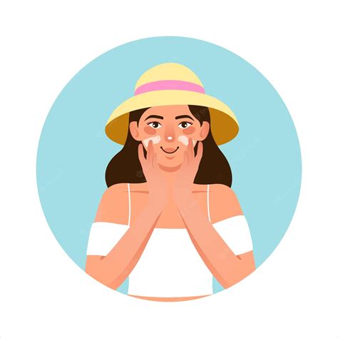 Premium Vector Happy Woman With Hat Applying Sunscreen Om Her Face