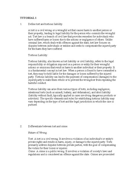 Tutorial 1 Tutorial 1 Define Tort And Tortious Liability A Tort Is A