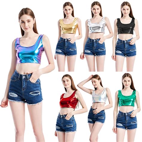 Metallic Color Women Tank Tops Sexy Sleeveless Mini Vest Wetlook Stage