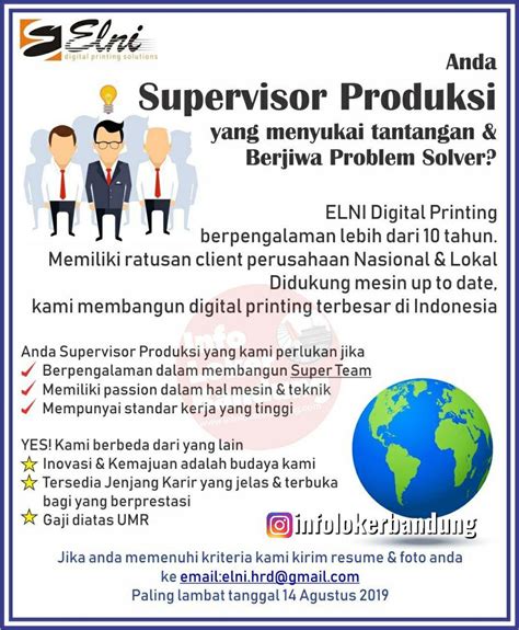 Lowongan Kerja Supervisor Produksi Pt Elni Digital Printing Bandung