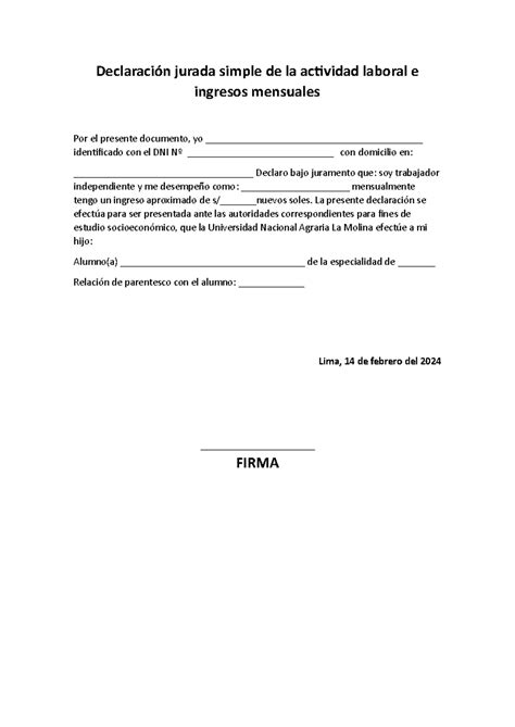 Declaración Jurada Simple De La Actividad Laboral E Ingresos Mensuales