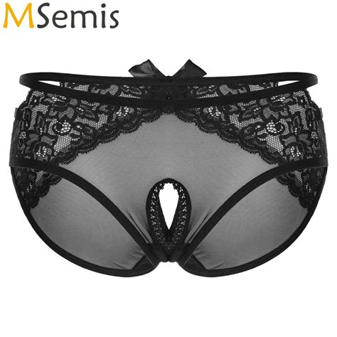 Womens Lingerie Open Crotch Sheer Mesh Panties Low Rise Crotchless