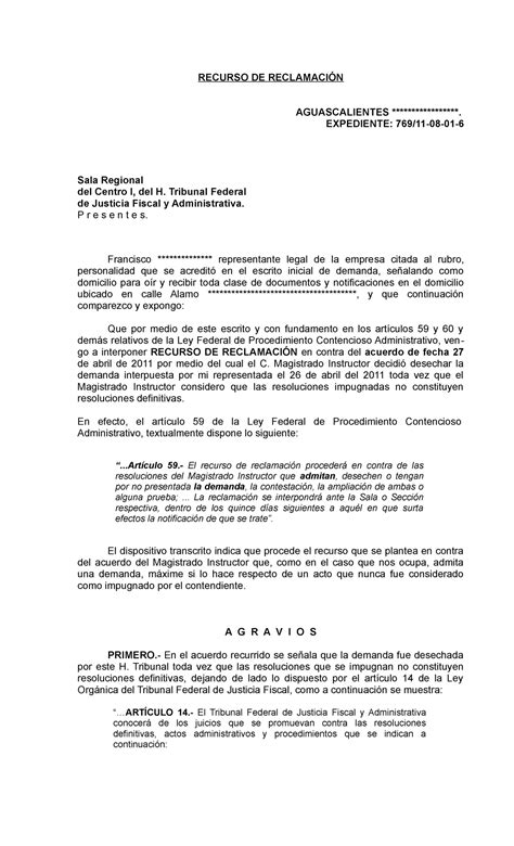 Formato De Recurso De Reclamacion En Materia Administrativa Material Images