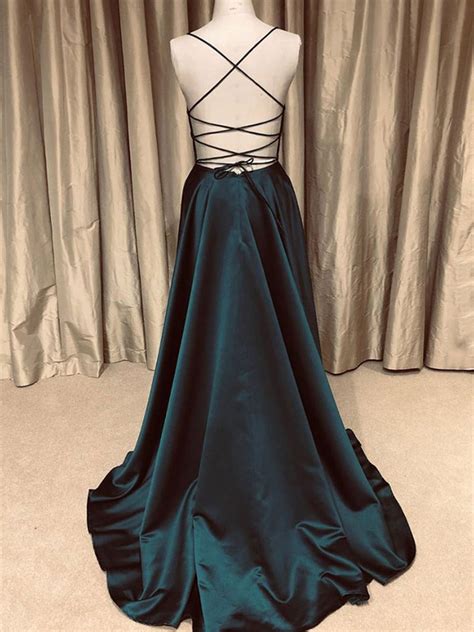 A Line V Neck Backless Dark Green Long Prom Dresses Simple V Neck Dar