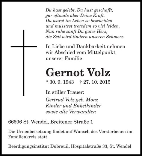 Traueranzeigen Von Gernot Volz Saarbruecker Zeitung Trauer De