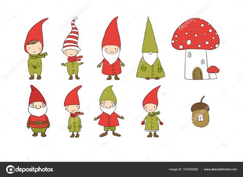 Set Of Cute Cartoon Gnomes Funny Elves Hand Drawing Isolated Objects