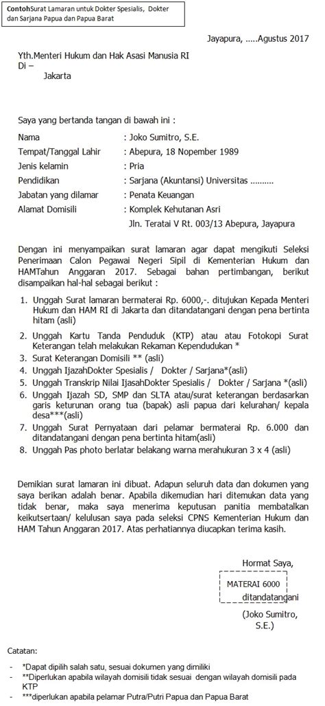 Format Terbaru Contoh Surat Lamaran CPNS Kementerian Hukum Dan HAM