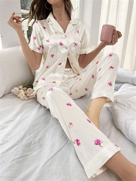 Floral Print Contrast Piping Satin PJ Set SHEIN USA