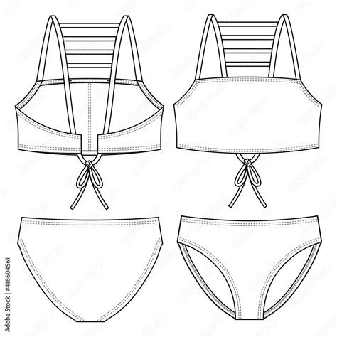 Girls Bikini Fashion Flat Sketch Template Multiple Straps Swimwear Technical Fashion