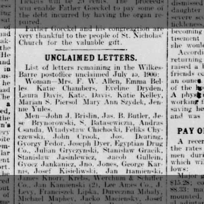 W Adys Aw Cichocki Unclaimed Letter Wilkes Barre Newspapers