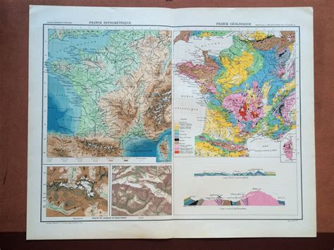 France Geological And Hypsometric Large Original Antique Map