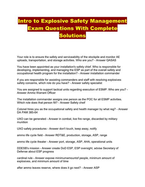 Solution Intro To Explosive Safety Management Exam Questions With