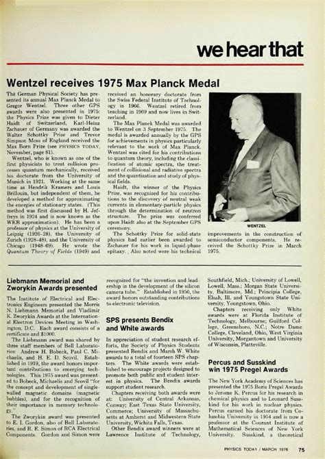 Wentzel Receives 1975 Max Planck Medal Physics Today Aip Publishing