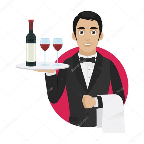 Camarero Sostiene Bandeja Con Vino Y Vasos Stock Vector By Tsirikmen