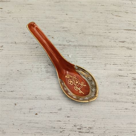 Vintage Chinese Soup Spoon Hand Painted Noodle Rice Spoon Red Orange