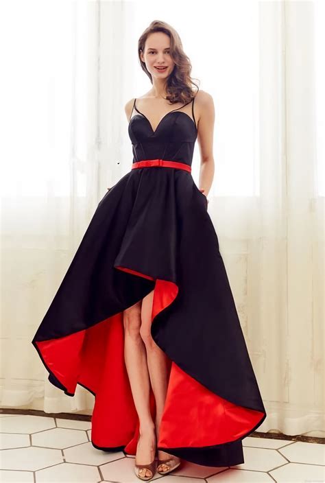 Red Black High Low Prom Dresses With Sheer Straps Satin A Line Short