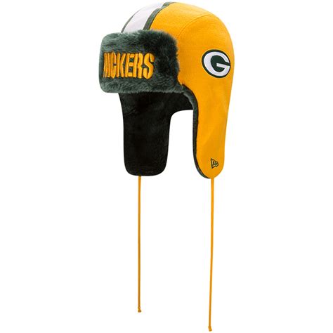 Green Bay Packers New Era Helmet Head Trapper Knit Hat - Gold/Green