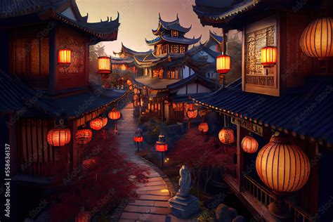 Beautiful chinese village decorated for the Chinese Lantern Festival ...