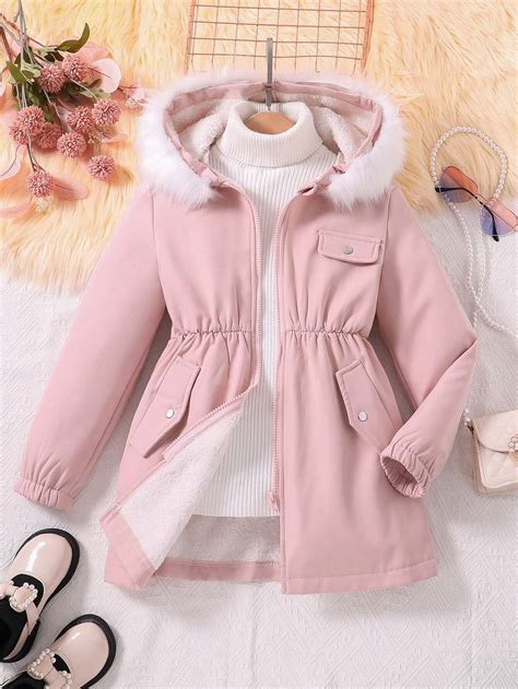 Shein Tween Girl Pc Fuzzy Trim Hooded Thermal Lined Coat Shein Usa