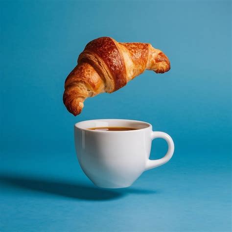 Premium Photo A Cup Of Coffee And A Levitating Croissant On A Blue