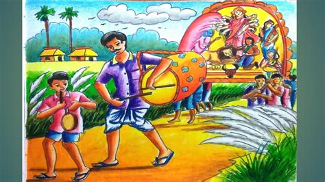 How To Draw Durga Puja Scenery Step By Step Durga Puja Festival Scenery