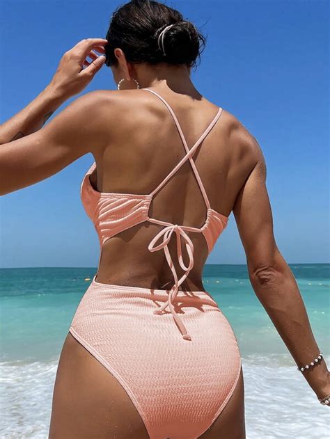 Shein Swim Chicsea Maillot De Bain Une Pi Ce Unicolore D Collet Dos Nu