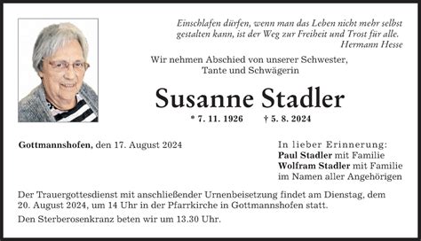 Traueranzeigen Von Susanne Stadler Allg Uer Zeitung