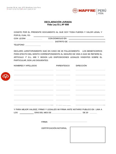 Declaración Jurada De Beneficiarios Vida Ley Mapfre1 Pdf