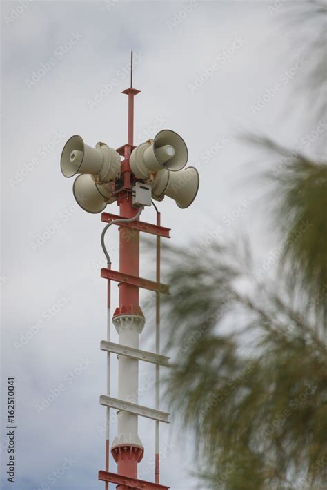 Tsunami siren warning loudspeakers Stock Photo | Adobe Stock