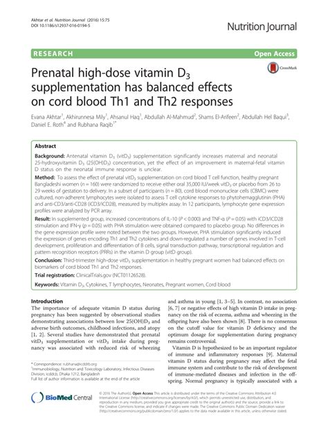 Pdf Prenatal High Dose Vitamin D3 Supplementation Has Balanced