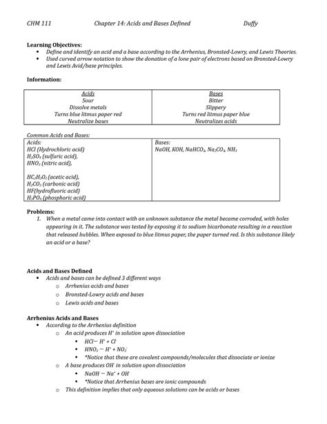 CHM 111 GI Acids And Bases Defined Learning Objectives Define And