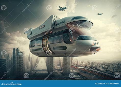 Flying Bus With View Of Futuristic City Visible Below Stock