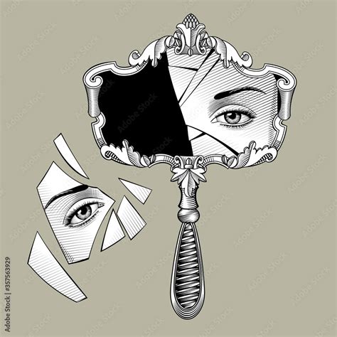 Engraved Drawing Of A Broken Retro Mirror With Eye Reflection Stock