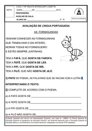 Avaliação Adaptada De Portugues Para Alunos Com Necessidades Especiais - Avaliação adaptada para alunos com Necessidades Especiais | PDF