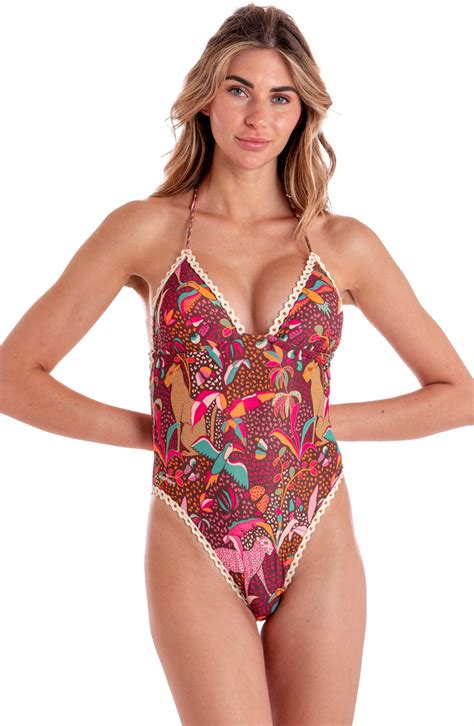 Padded One Piece Swimsuit With Trimmings Tropical Print Size M Color Brown