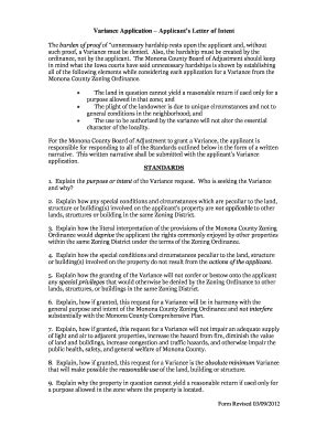 Variance Application Applicants Letter Of Intent Fill And Sign