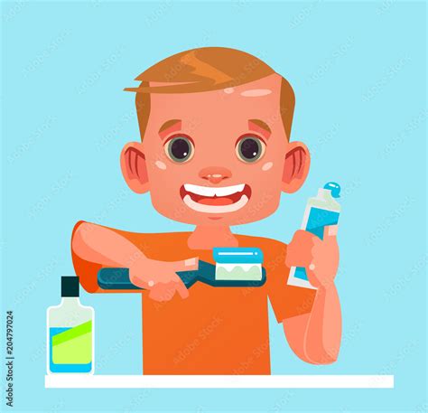 Happy smiling little boy kid character brushing cleaning teeth with ...