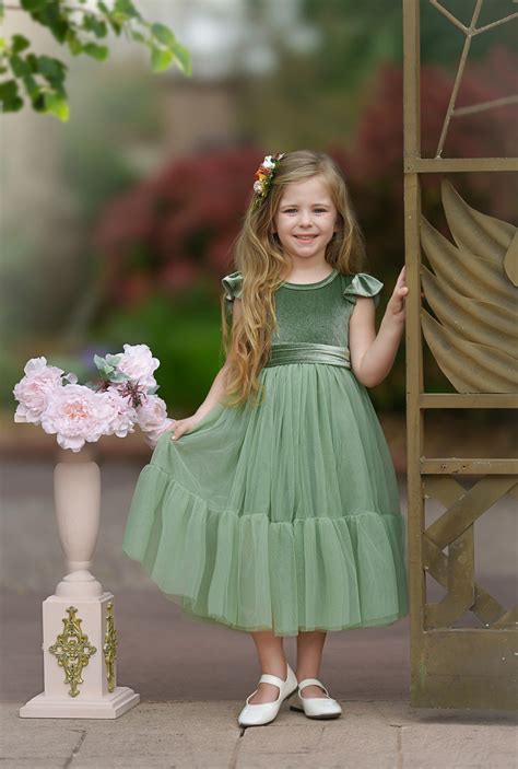 Sage Green Velvet And Tulle Flower Girl Dress Boho Flower Girl Dress