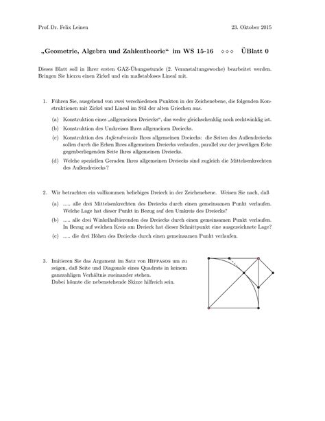 Bungen Blatt Prof Dr Felix Leinen Oktober Geometrie