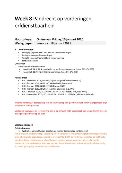 Werkgroep Uitwerking Week Vragen En Antwoorden Week Pandrecht