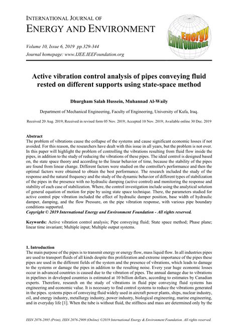 Pdf Active Vibration Control Analysis Of Pipes Conveying Fluid Rested