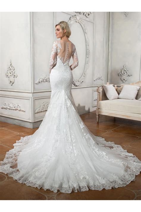 Long Sleeves Mermaid Illusion Neckline Lace Wedding Dresses Bridal