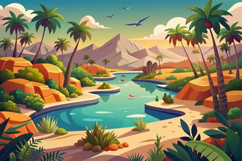 Premium Vector A Remote Desert Oasis With Lush Palm Trees And