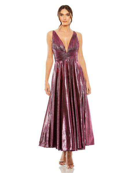 Antique Gold Mac Duggal 30761 Pleated Metallic Formal Tea Length Prom